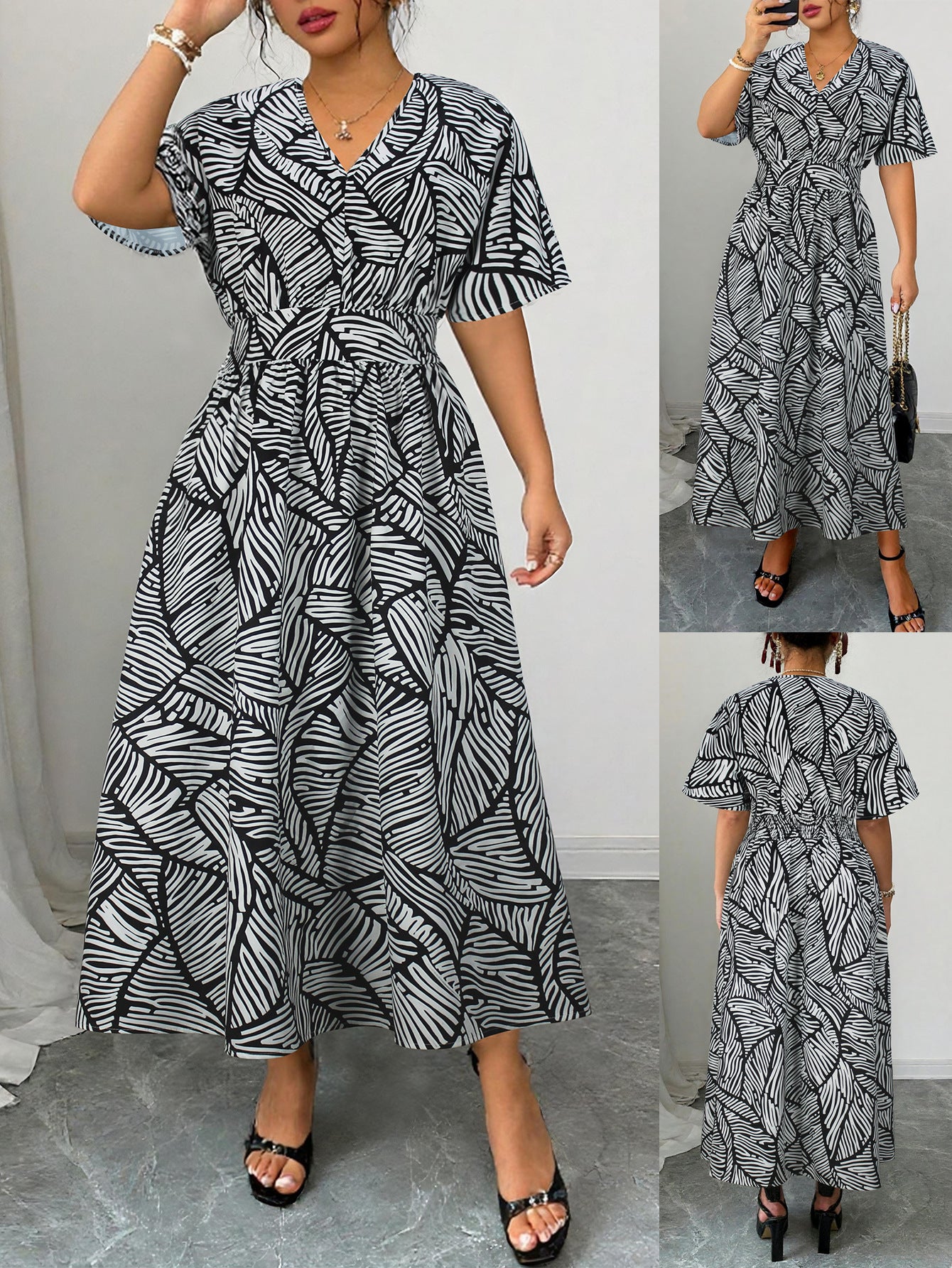 Fashionable V-Neck Black & White Contrast Dress Spring/Summer Women's Wear