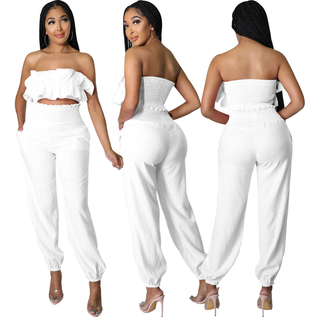 Sexy Fashion Elastic Solid Color Strapless Two-Piece Pants Set 3