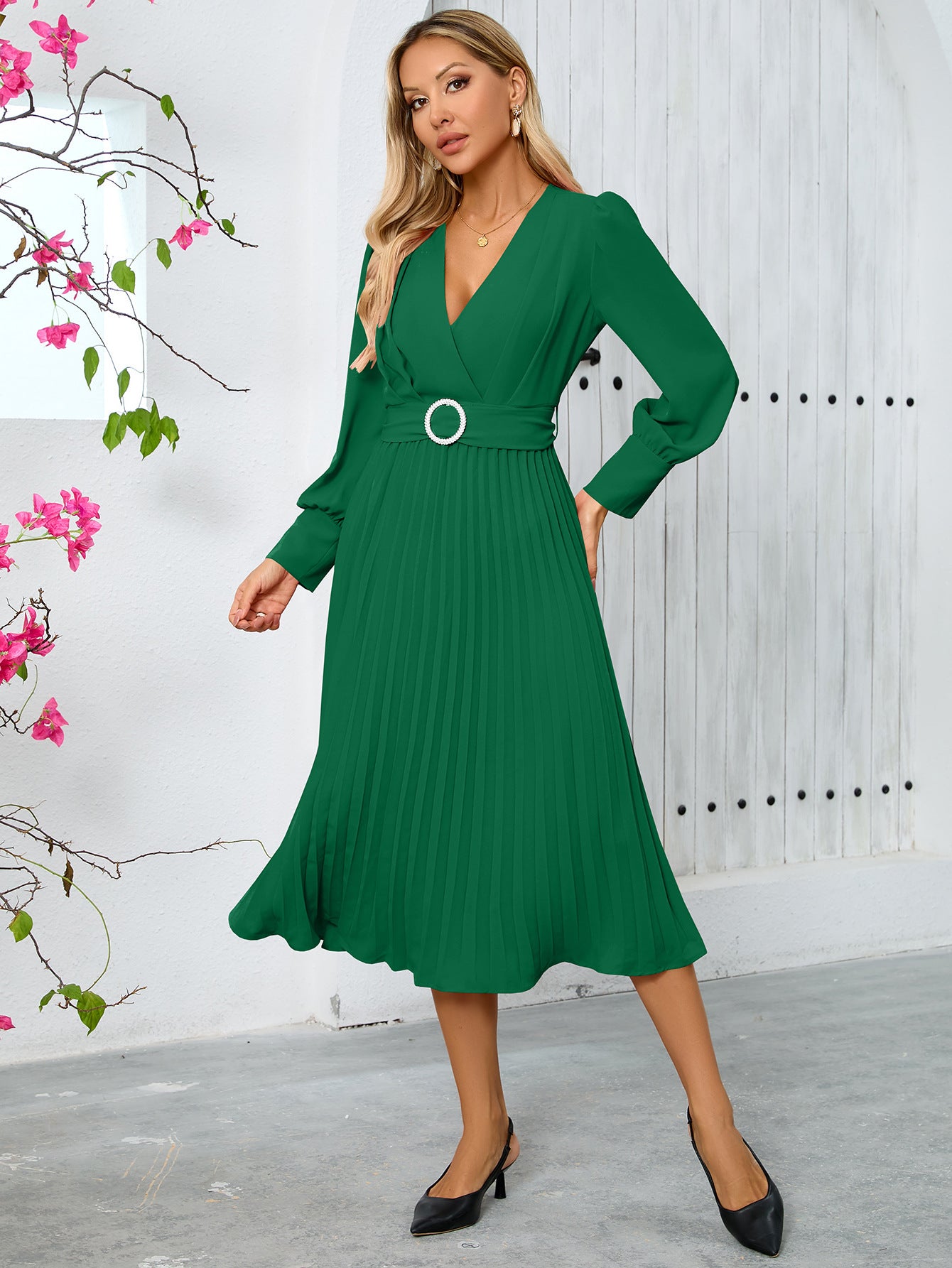 Autumn winter women's v-neck long-sleeved fashionable slim A-line long dress 4