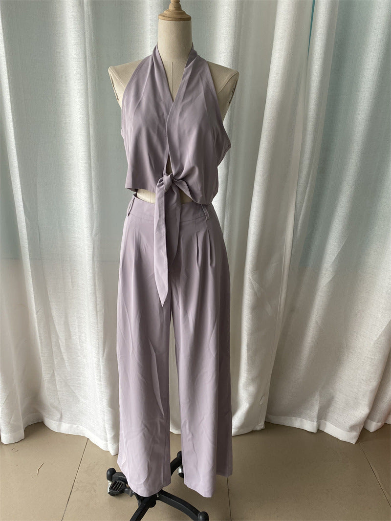 Women's Fashion Chic Sleeveless Hollow Shirt High Waisted Wide Leg Pants Two Piece Set 10