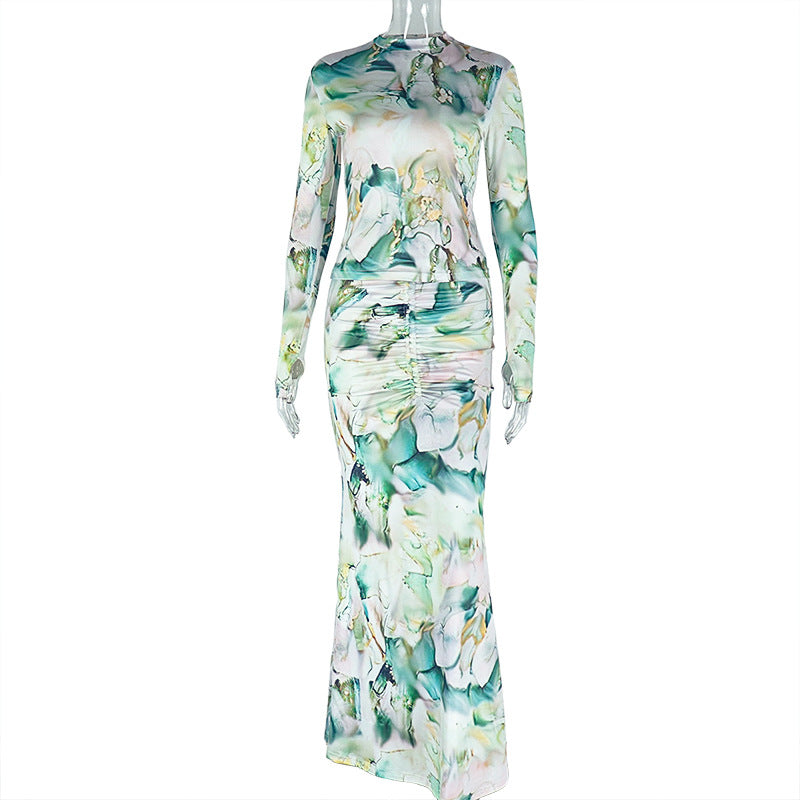 Women Casual Printed Turtleneck Top and Pleated Long Skirt Two-piece Set 8