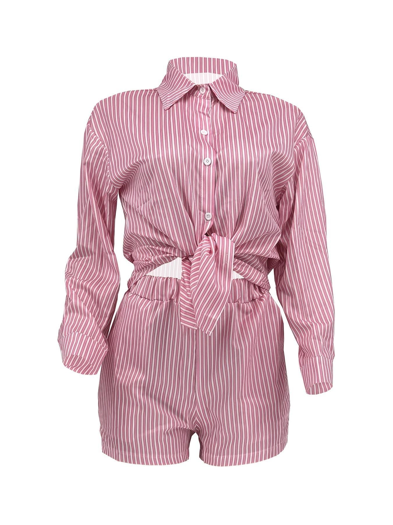 Women Spring Summer Holidays Long Sleeve Shirt Striped Shorts Two Piece Set 13