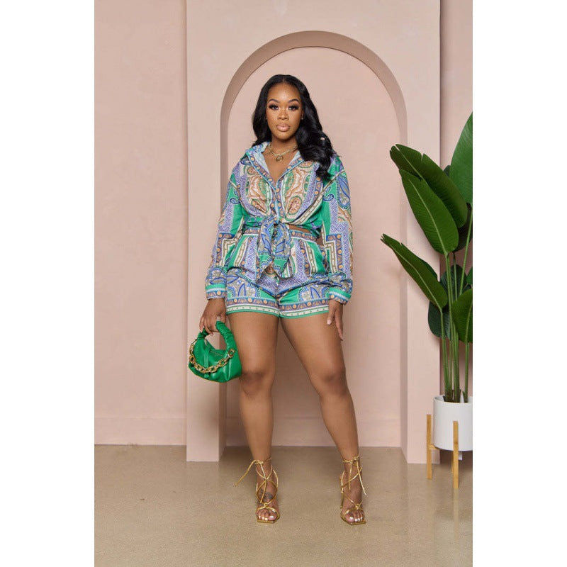 Women's Printed Long Sleeve Casual Two Piece Shorts Set 11