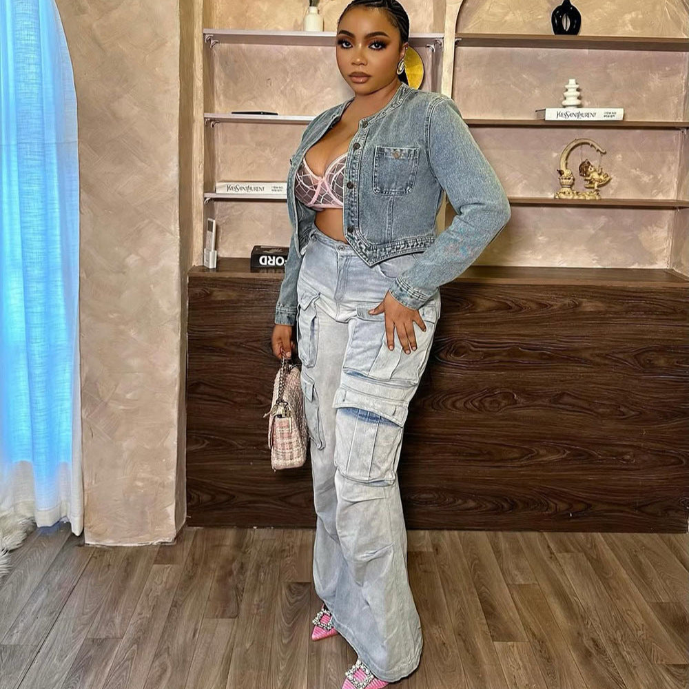 Women multi-pocket washed denim wide-leg pants 5