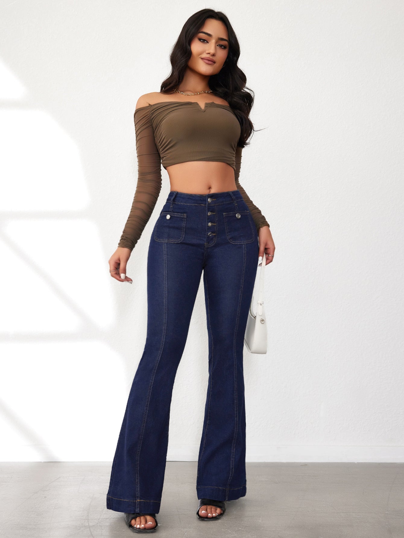 Spring Buttoned Slim Fit Women's High Waist Flare Denim Pants 5