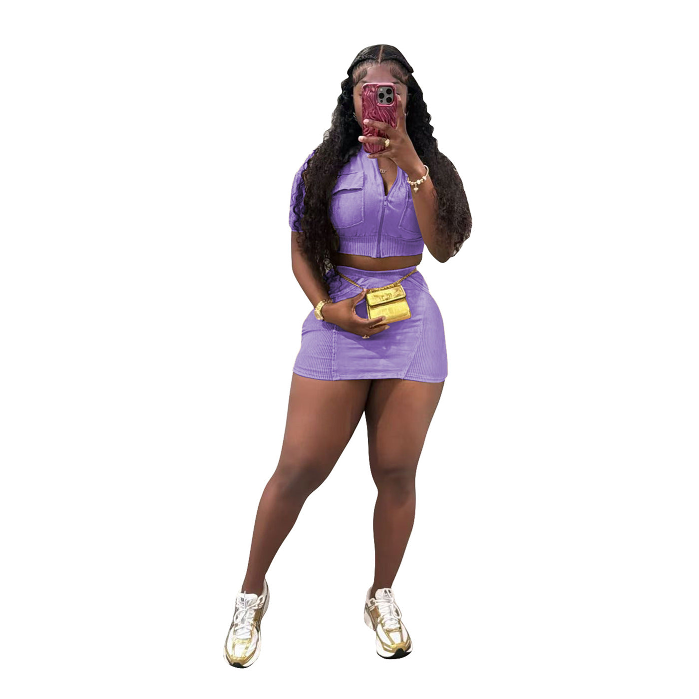 Women casual washed patchwork pocket top and skirt two-piece set 9