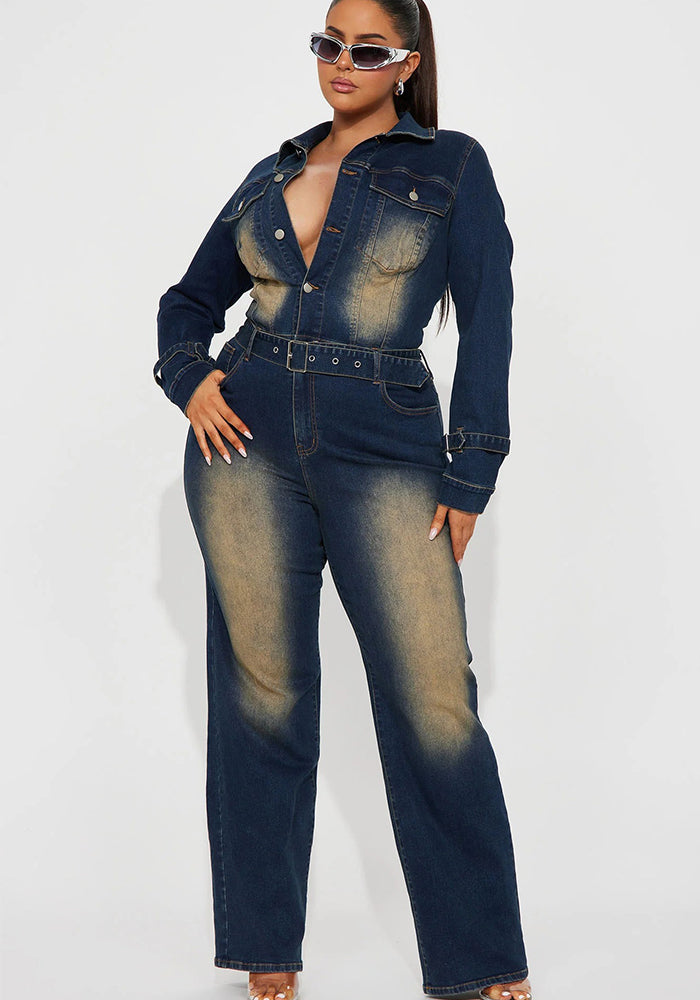 Women long sleeve Denim Stretchy Bell Bottom Jumpsuit