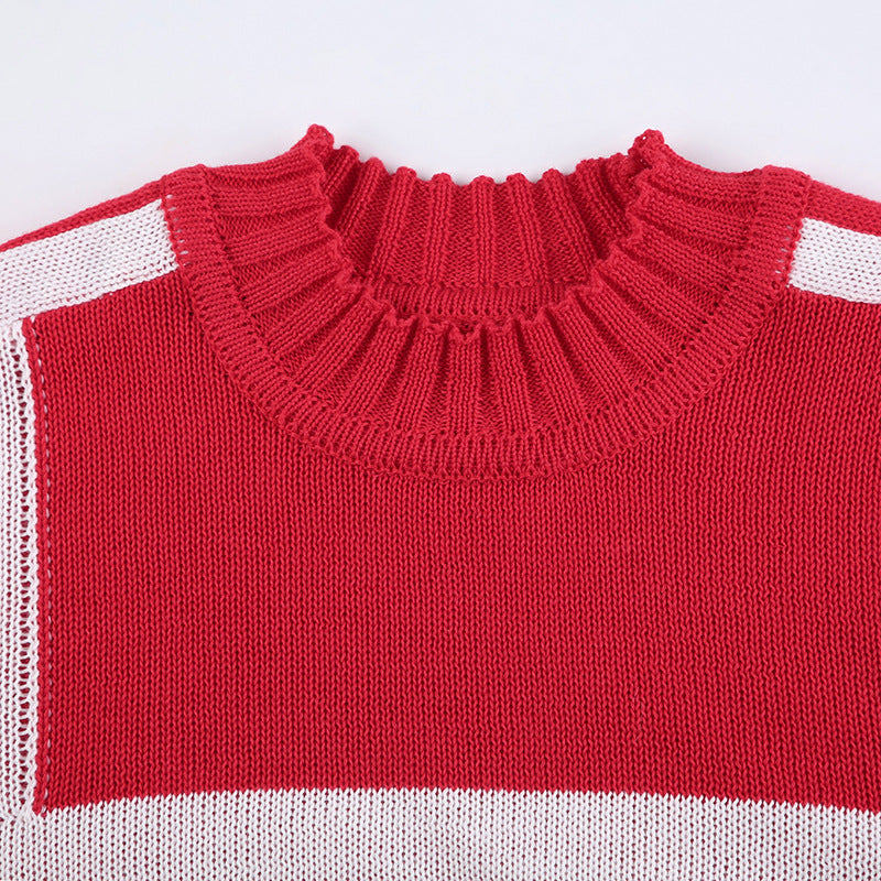 Women Patchwork Contrast Letter Half-High Neck Long Sleeve Crop Sweater 11