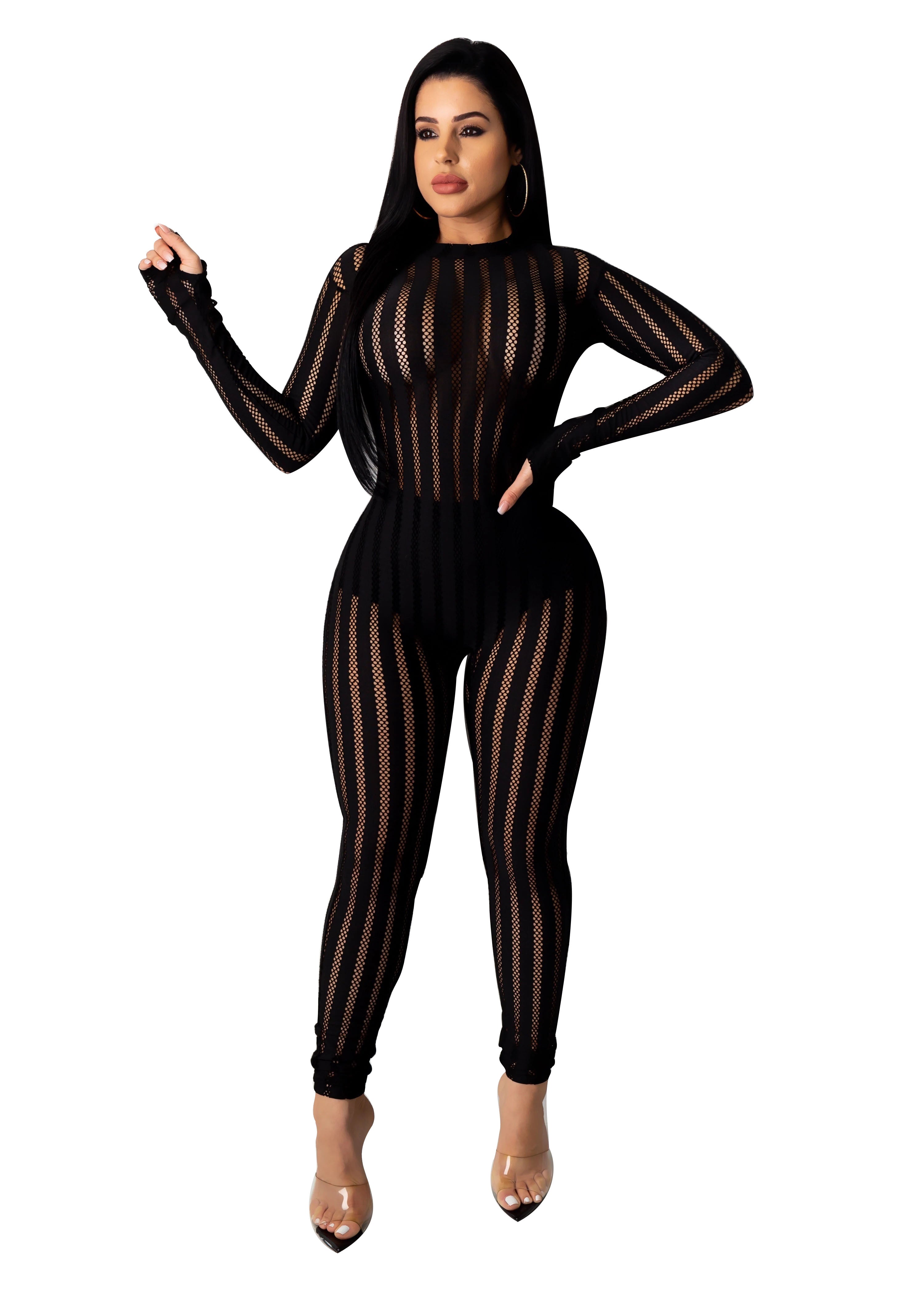 Striped Mesh Patchwork Casual Sexy Stretch Jumpsuit 14