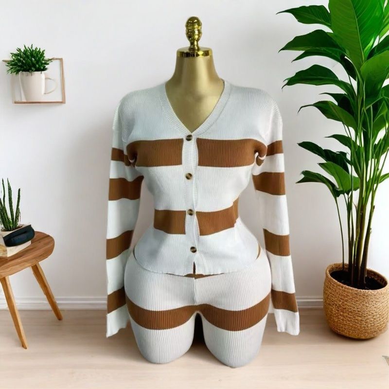 Women Casual V-neck Striped Knitting Sweater and Shorts Two-piece Set 3