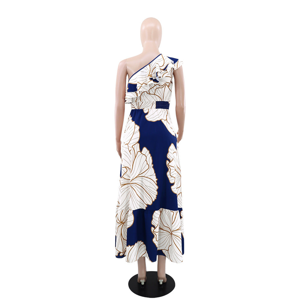 Ruffle Slash Shoulder Low Back High Slim Waist Women's Long Dress 6