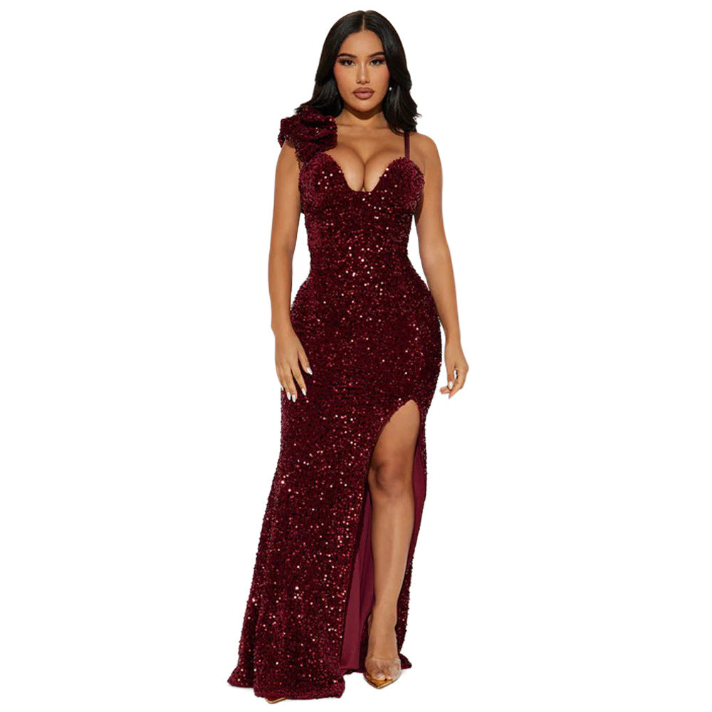Fashion Women's Clothing Solid Color Strap Sexy Sequin Long Dress Slit Evening Dress 9