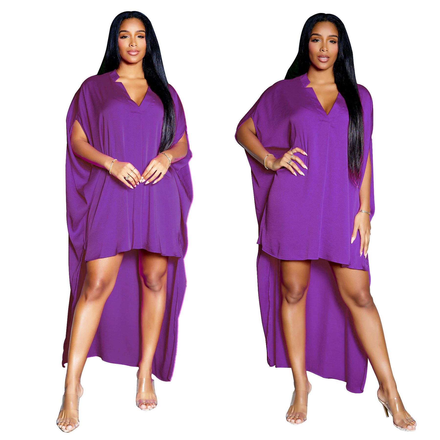 Women's Bat Sleeve V-Neck Fashion Irregular Loose Satin Dress 7