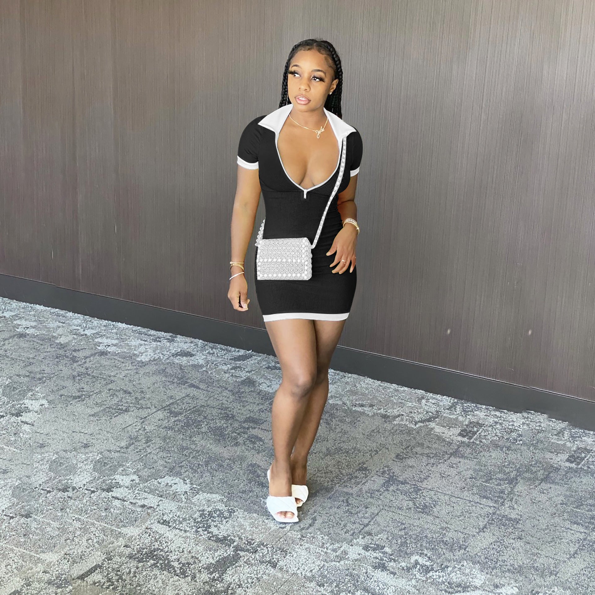 Women Zipper Turndown Collar Ribbed Short Sleeve Dress 3