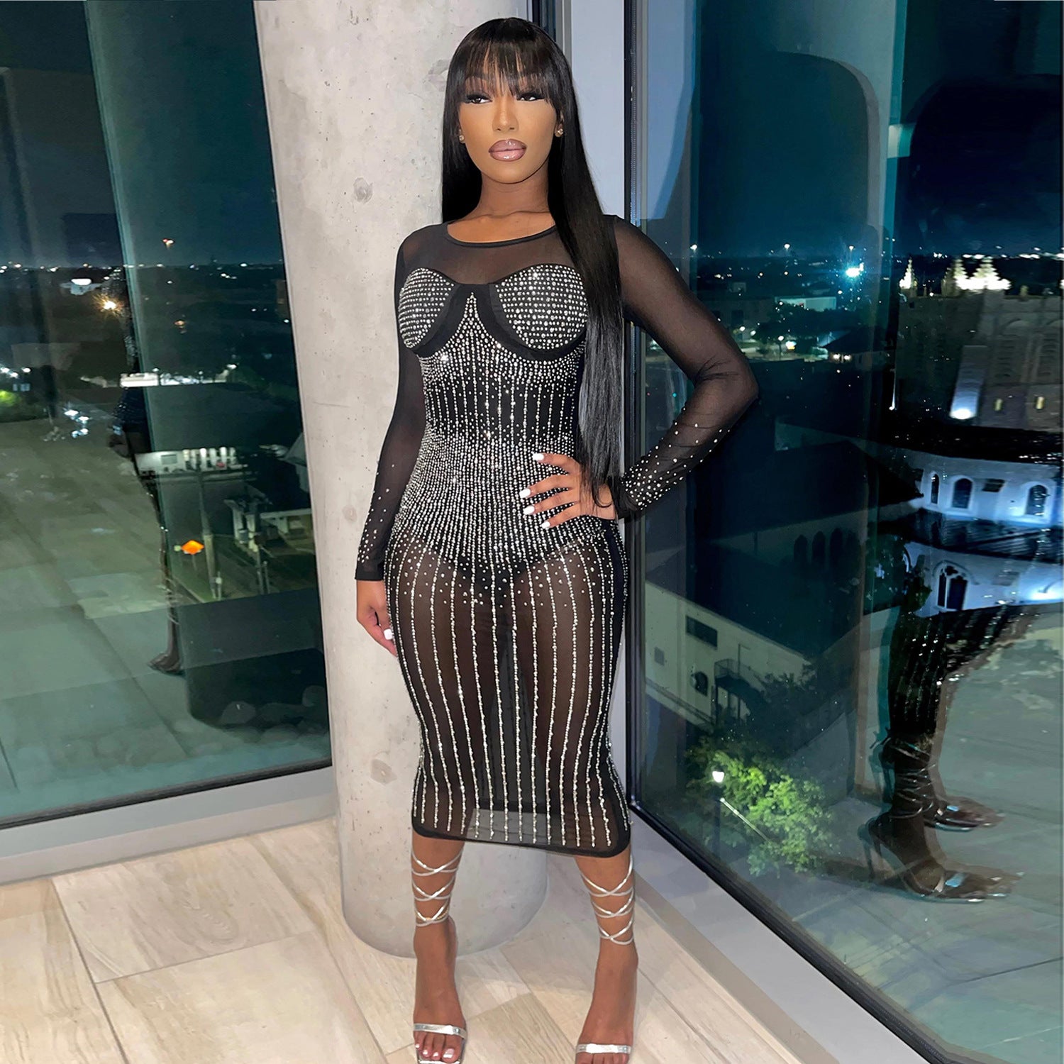 Fall Winter Women's Sexy Mesh Beaded One Piece Long Sleeve Dress 6