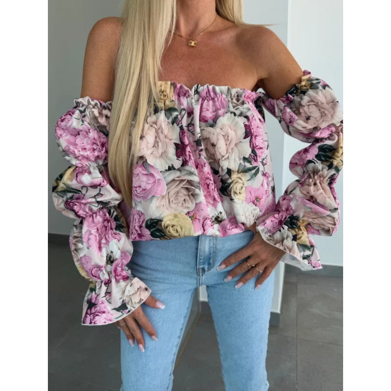 Off-Shoulder Solid Color Sexy Floral Print Long-Sleeve Shirt 6