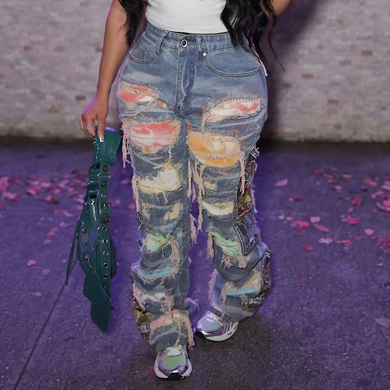 Women Printed Ripped Casual Denim Pants