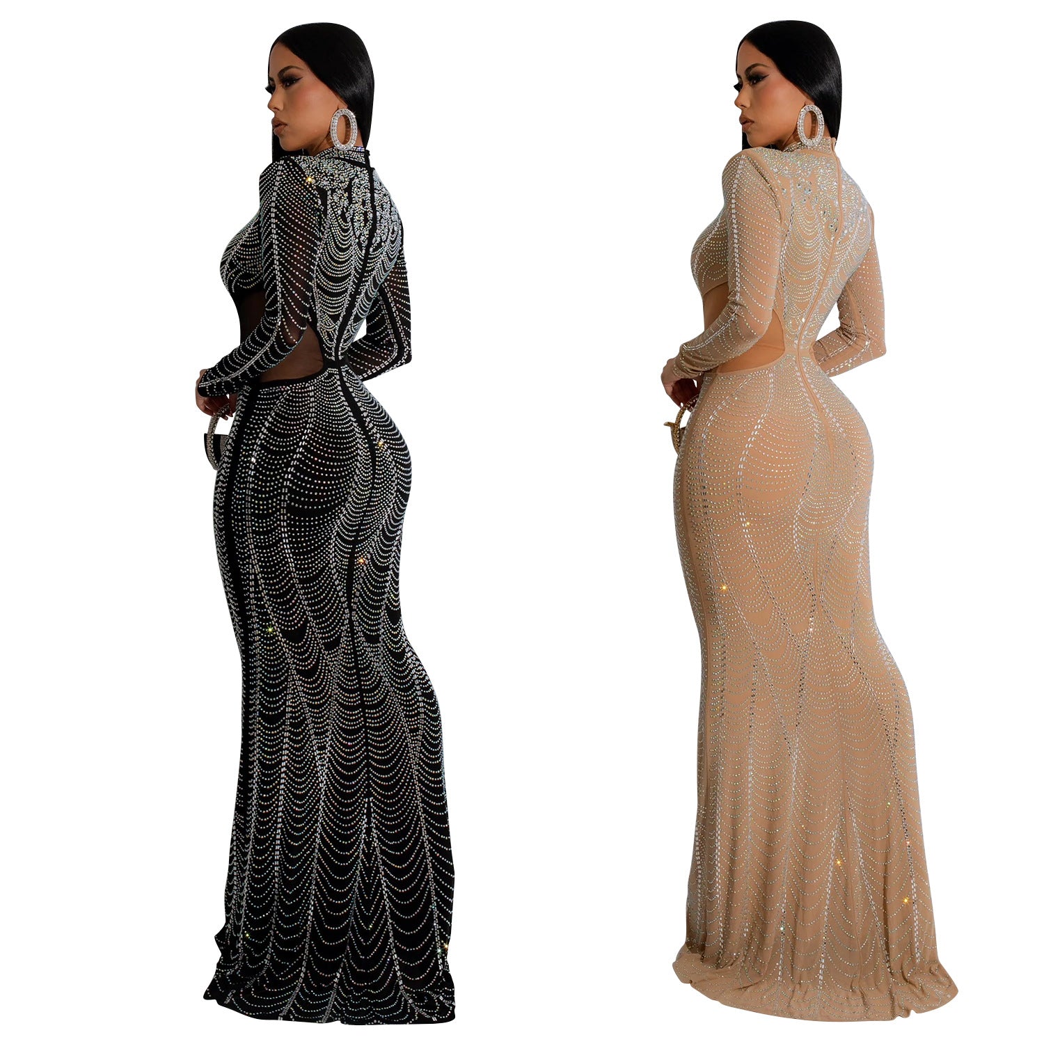 Fashion Women's Solid Color Mesh Beaded Long Dress 7