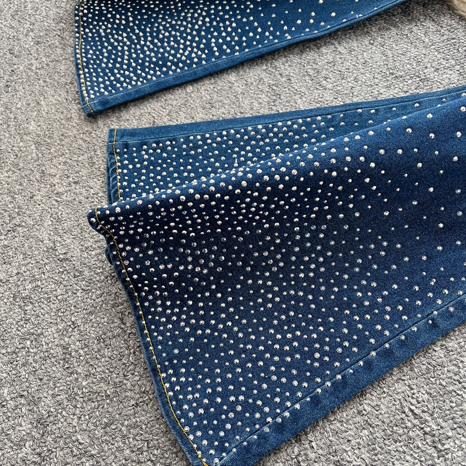 Fashion Beaded Denim summer Strapless Vest High Waist Denim Bell Bottom Trousers Two Piece Set for Women 18