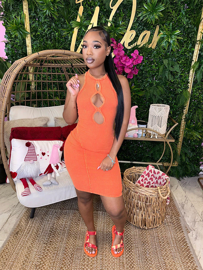 Women Stretch Ribbed Sexy Hollow Bodycon Print Dress 7