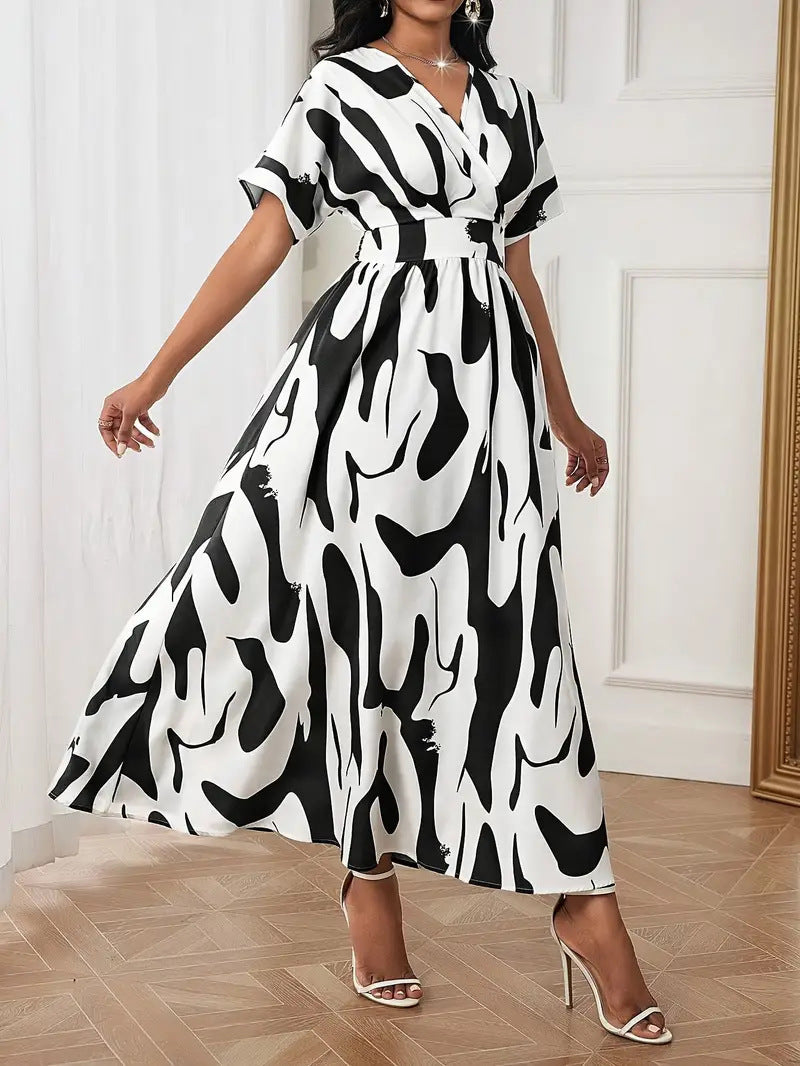 Fashion Printed V-Neck Slim Waist Elegant Women's Dress 5