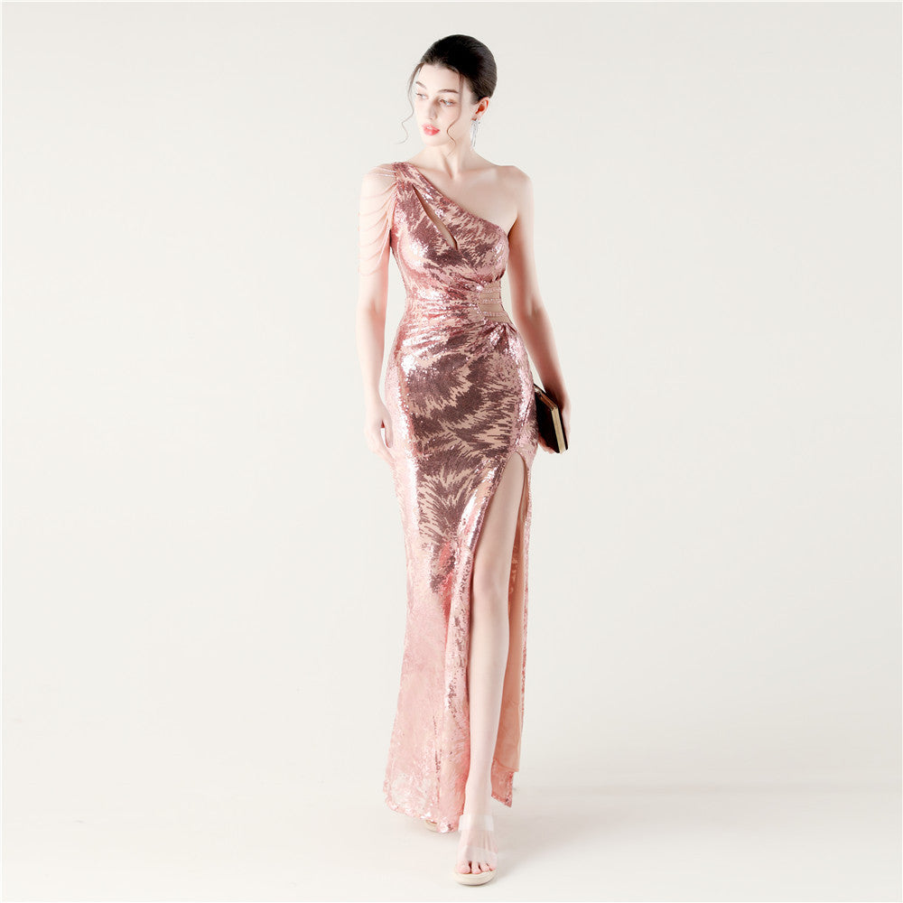 Women one-shoulder hollow fishtail slit beaded Formal Party sequin evening dress 10