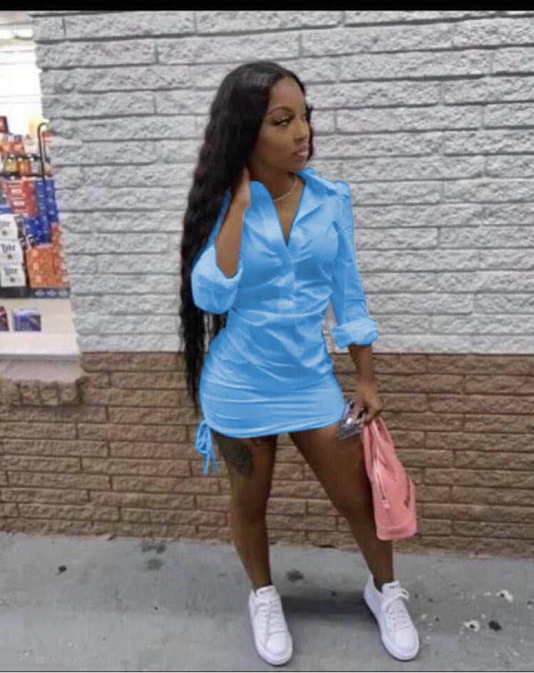 Ladies Solid Deep V Shirt Dress 10