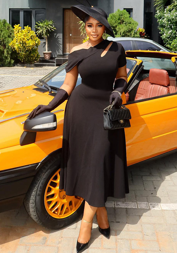 Summer Fashion Women's Slash Shoulder Cut-Out Solid Slim Waist Long Dress