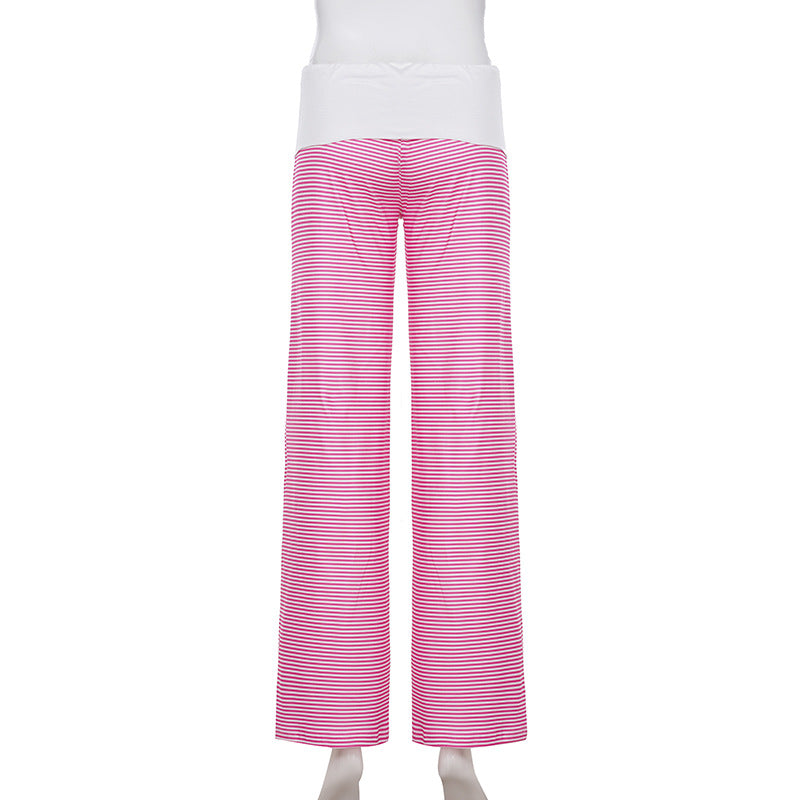 Women's Casual Loungewear High-Waisted Striped Knit Pants Wide-Leg Trousers 11