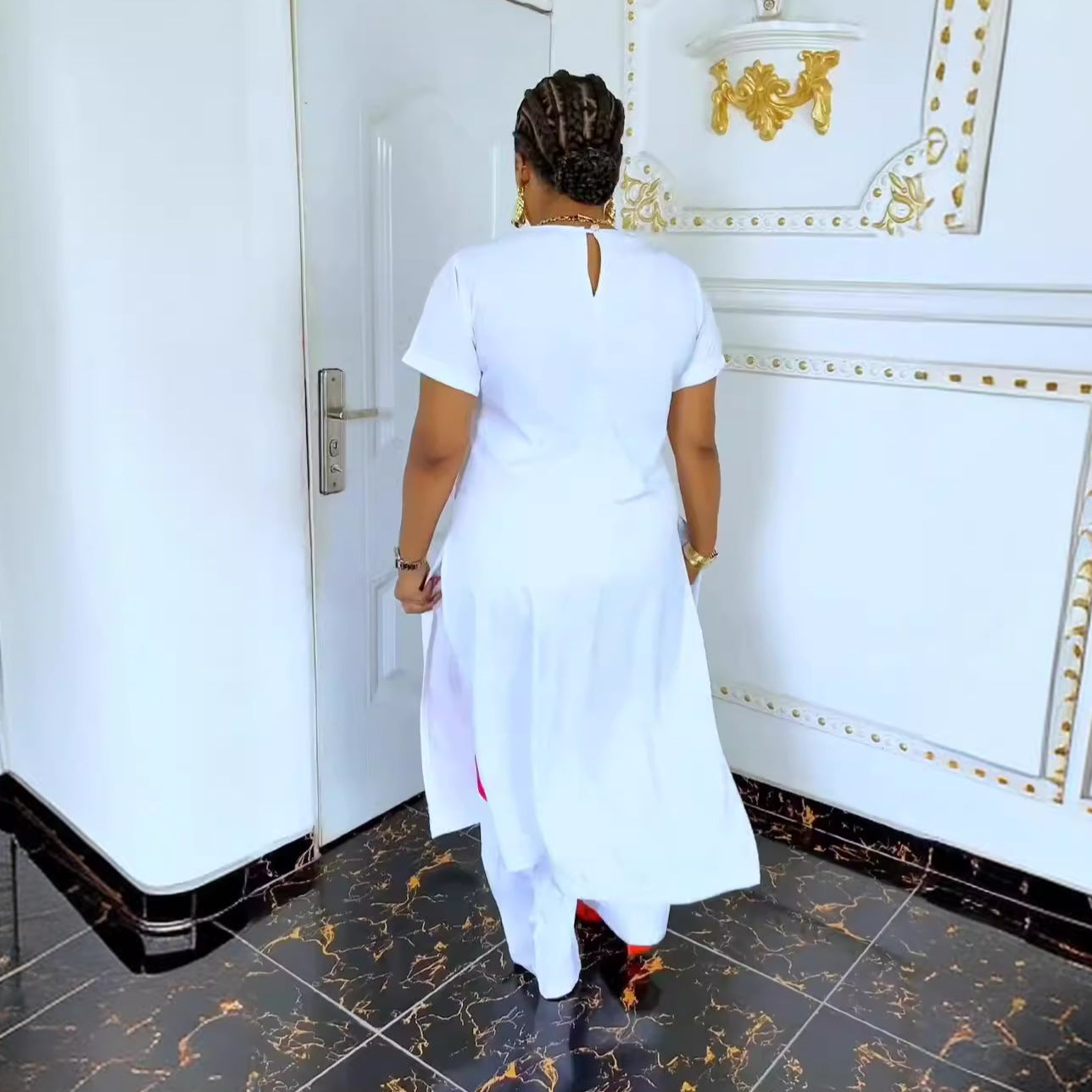 Women Printed Slit Round Neck Long Top And Pant Two-piece Set 3