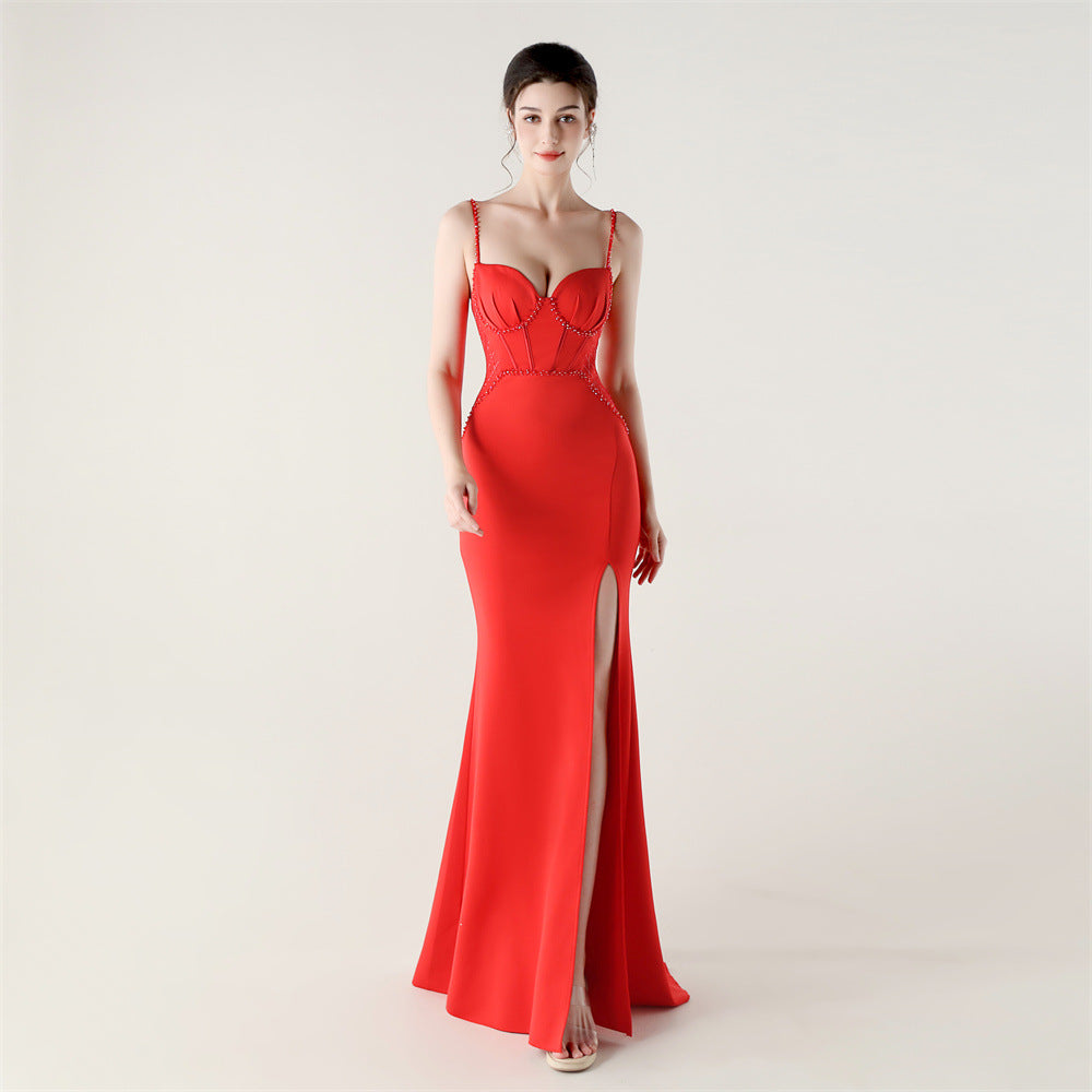 Women Strappy Heart-Shaped Lace Grid Embroidery Beaded Fishbone Formal Party Evening Dress 10