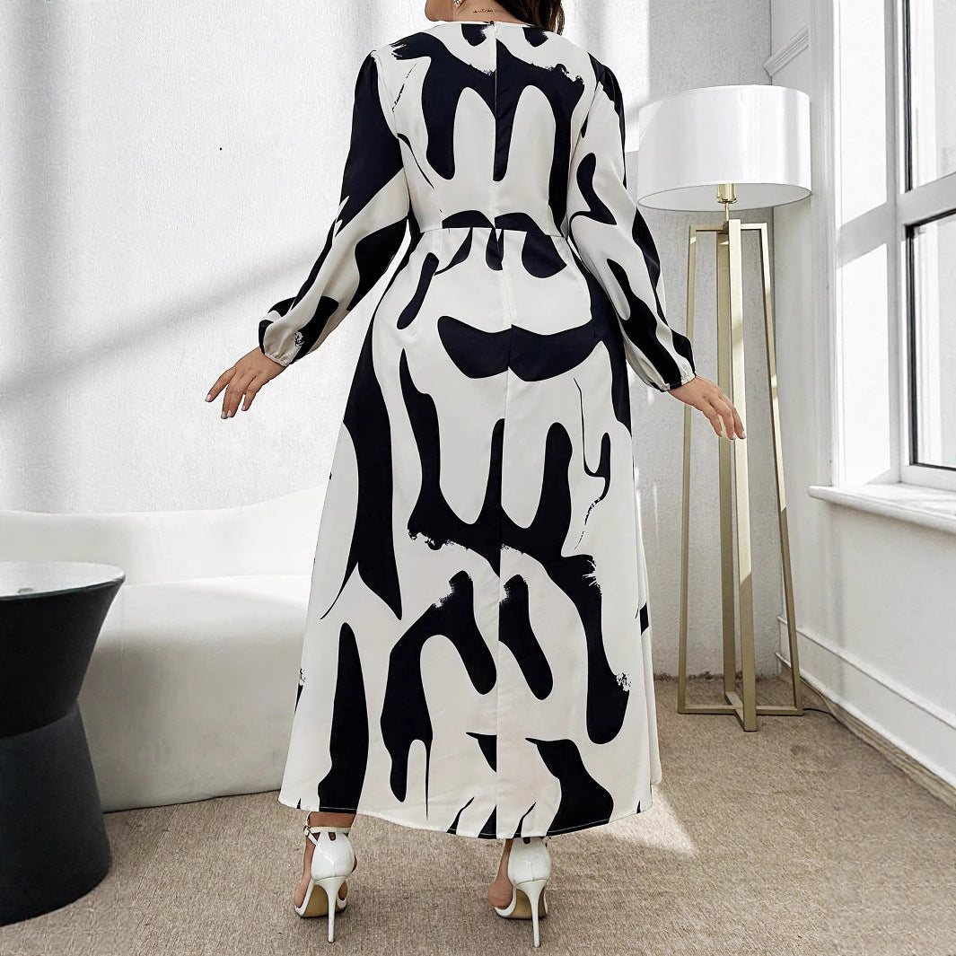 Plus Size Spring/Summer Short Sleeve Print Slim Waist Fashion Dress