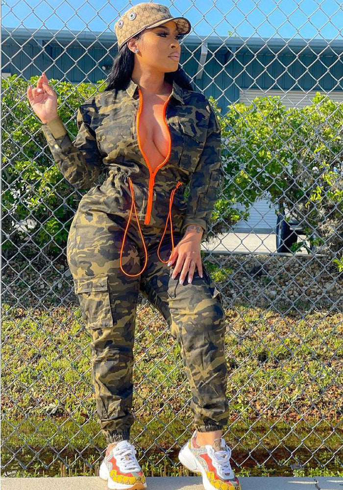 Women Fall Contrast Zip Camouflage Long Sleeve Jumpsuit