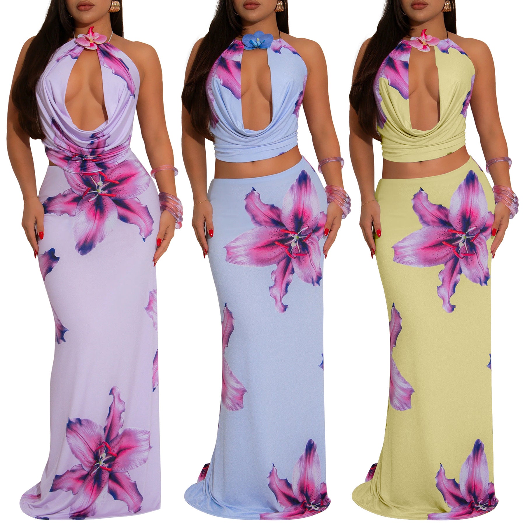 Women's sexy Draped collar low back halter neck slim fit print two piece skirt set 5