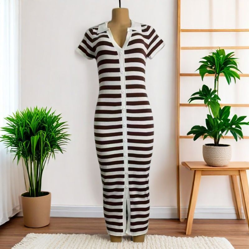 Women Summer Contrast Striped Knitted Slit Bodycon Dress 5