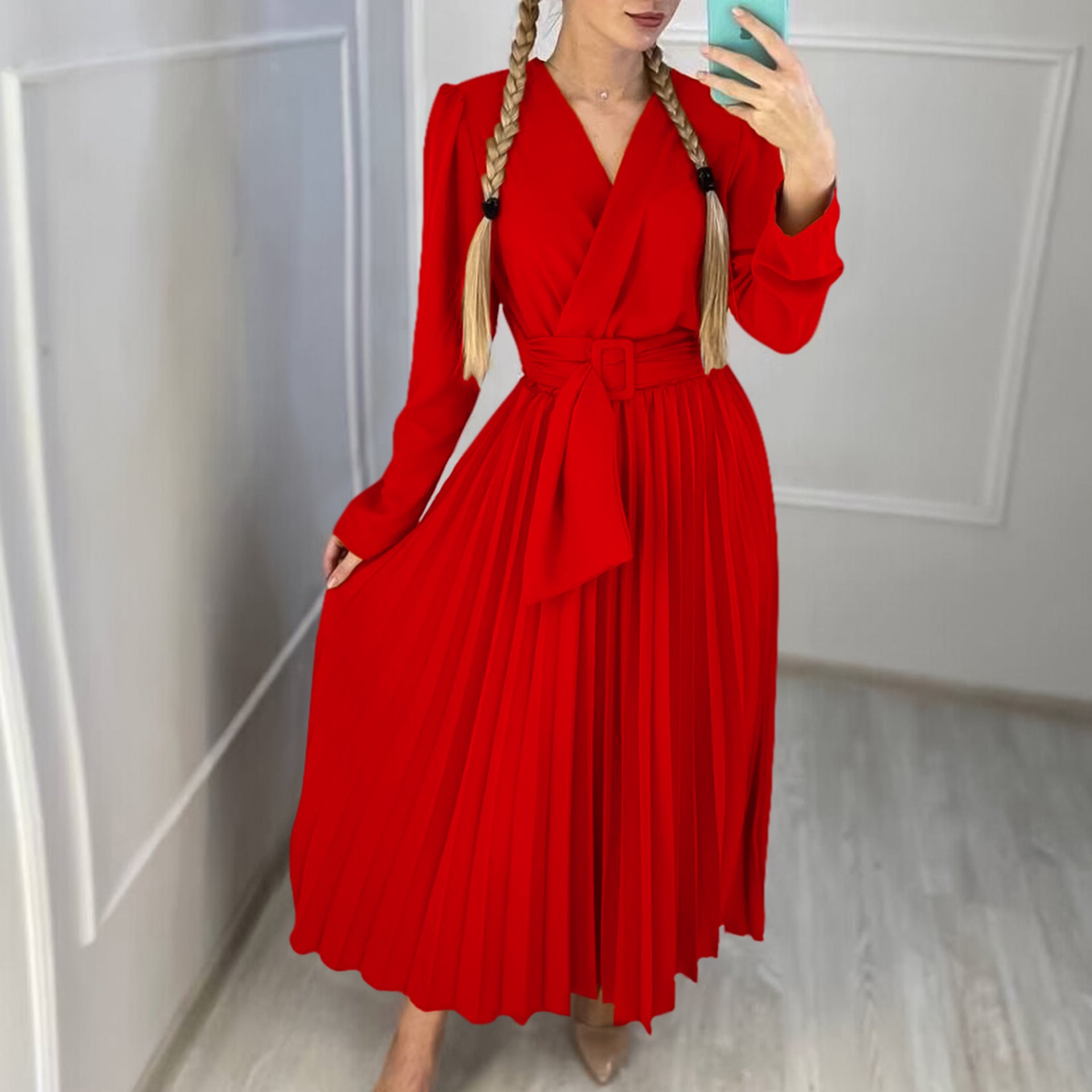 V-Neck Chic Elegant Slim Waist Belted Pleated High Waist Plus Size Dress 3