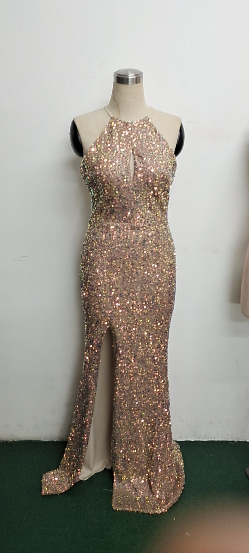 Summer Elegant Sequins Sleeveless Halter Split Evening Dress 12