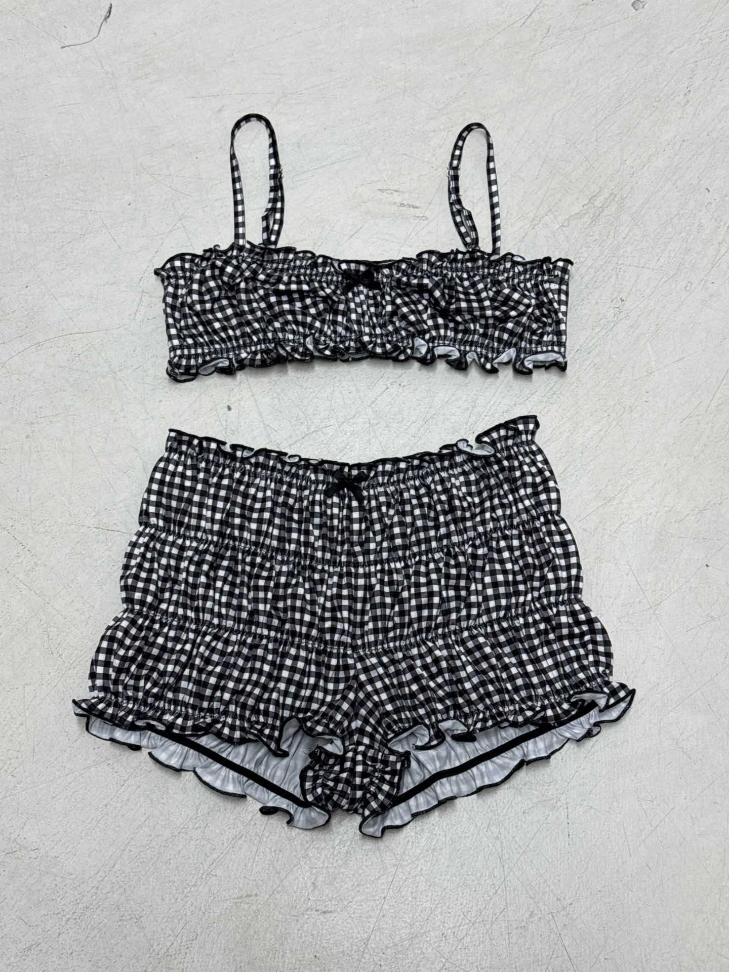 Women Summer Holidays Plaid Suspender Top Shorts Swimwear  Two-piece Set 25
