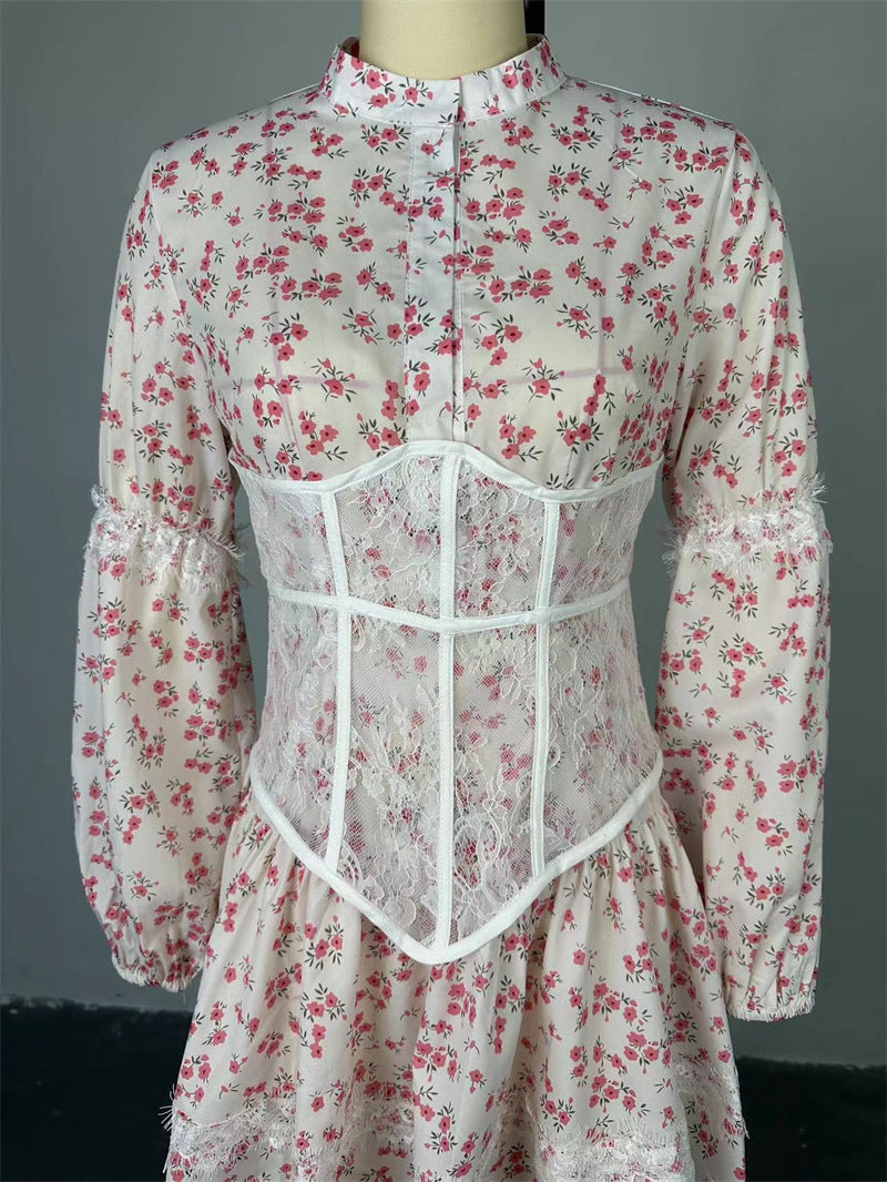 Women Print Long Sleeve Lace Dress 8