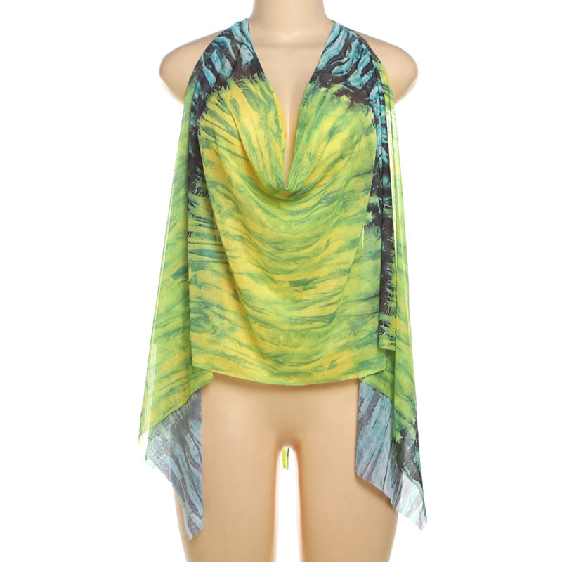 Women Summer Sexy V Neck Backless Lace-Up Sleeveless Print Top 7