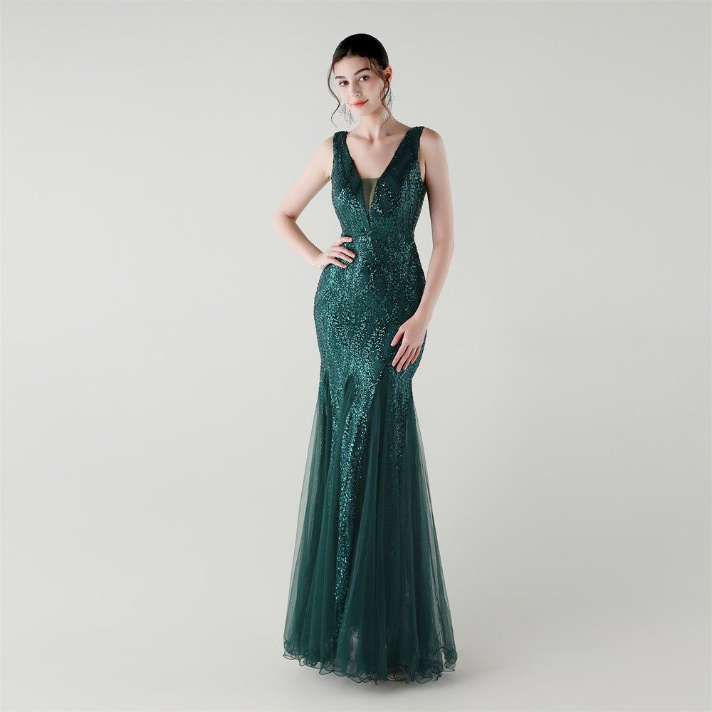 Deep V Neck Sequin Mesh Patchwork Fishtail Evening Dress for Formal Occasions 21