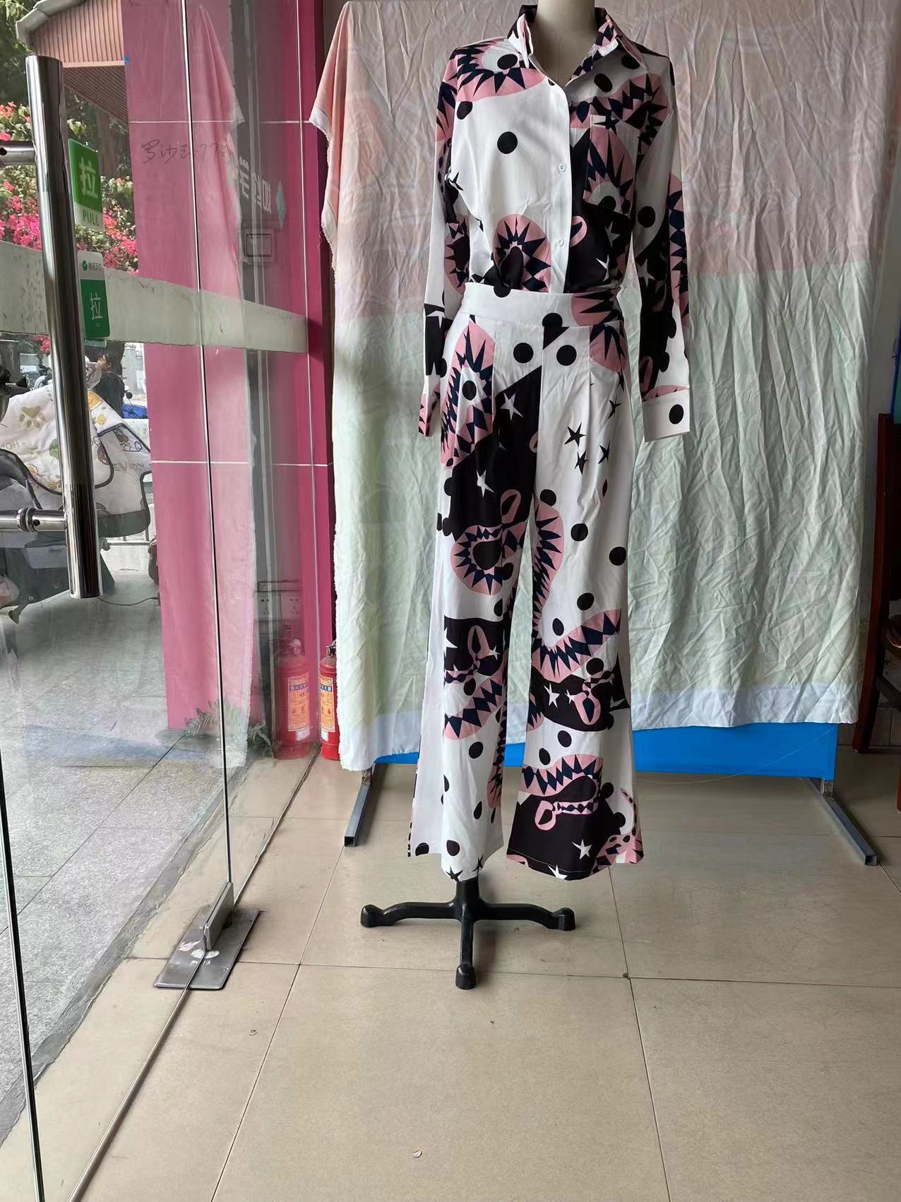 Plus Size Women Long Sleeve Shirt and High Waist Wide Leg Pants Two-Piece Set 10