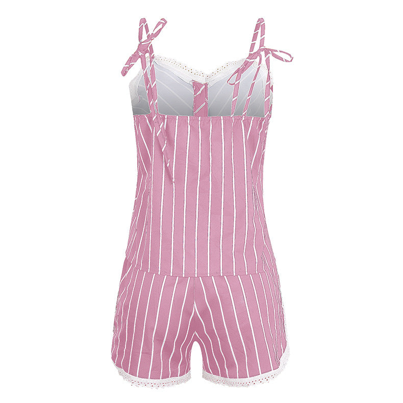 Summer Stripes Printed Strap Pajamas Two-Piece Home Clothes Set 9