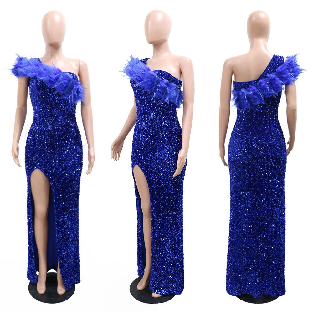 Feather Sequin Slit Slash-Shoulder Formal Party Long Dress 6