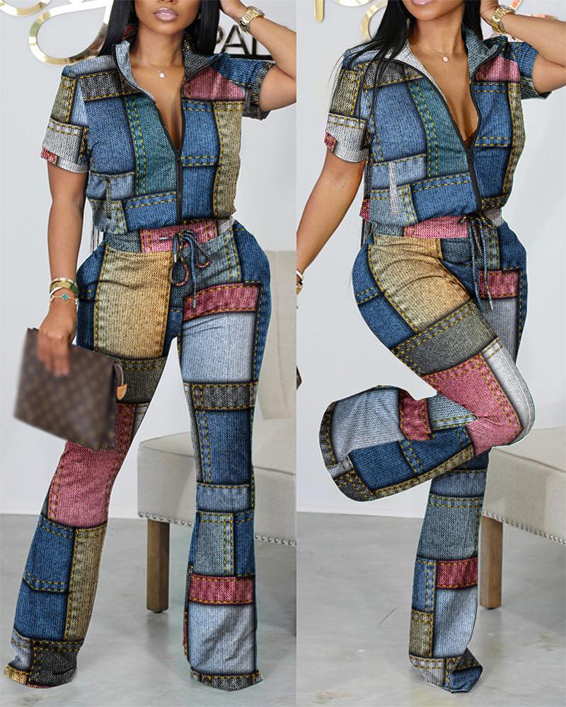 Women Spring Summer Fashion Print Zipper Top and Pant Two-Piece Set 6