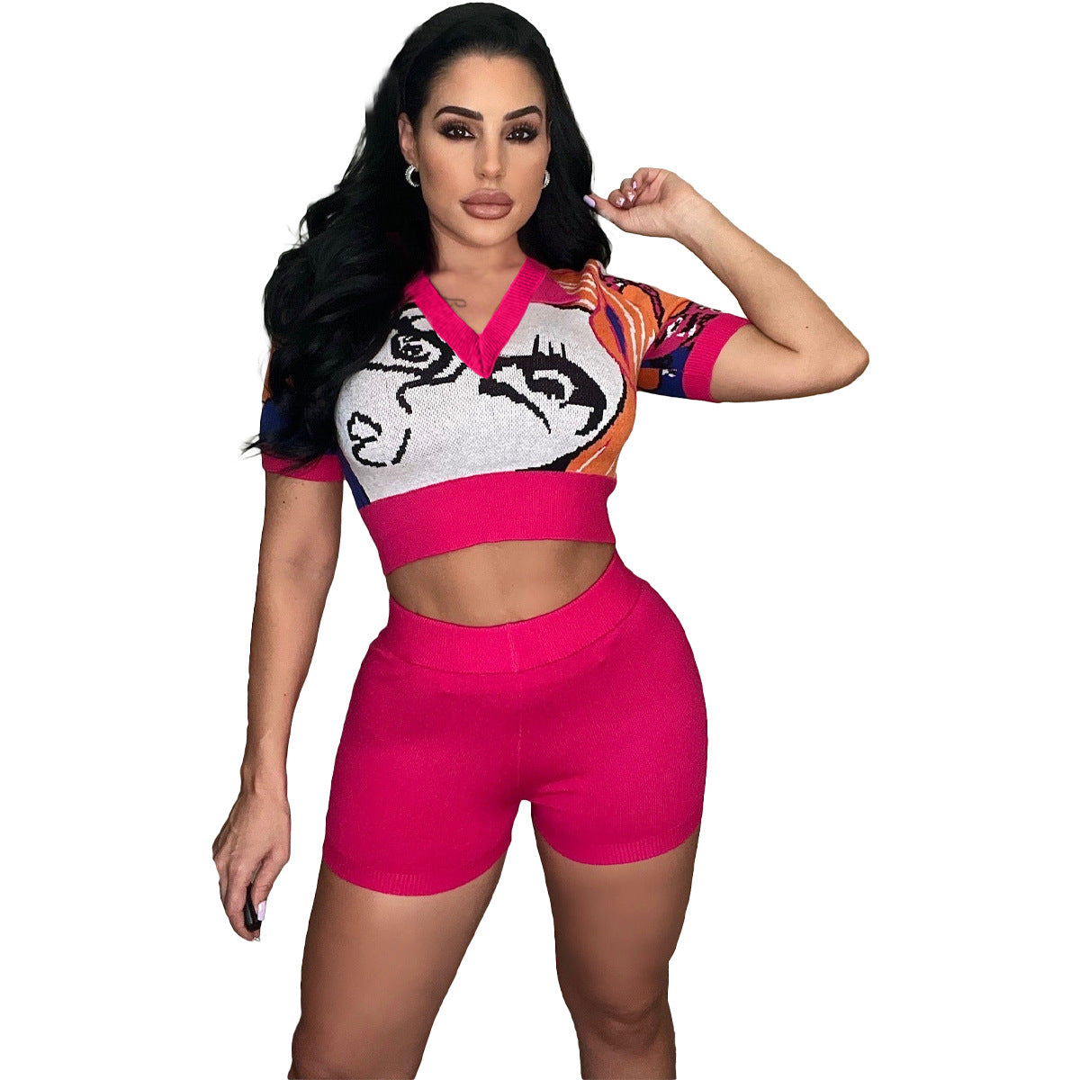 Women's Summer Print Heart Neck Slim Sport Casual Top + Shorts Set 8