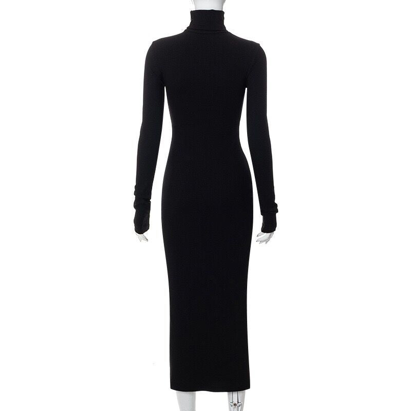 Women Fall Half Turtle Neck Long Sleeve Ribbed Dress 12