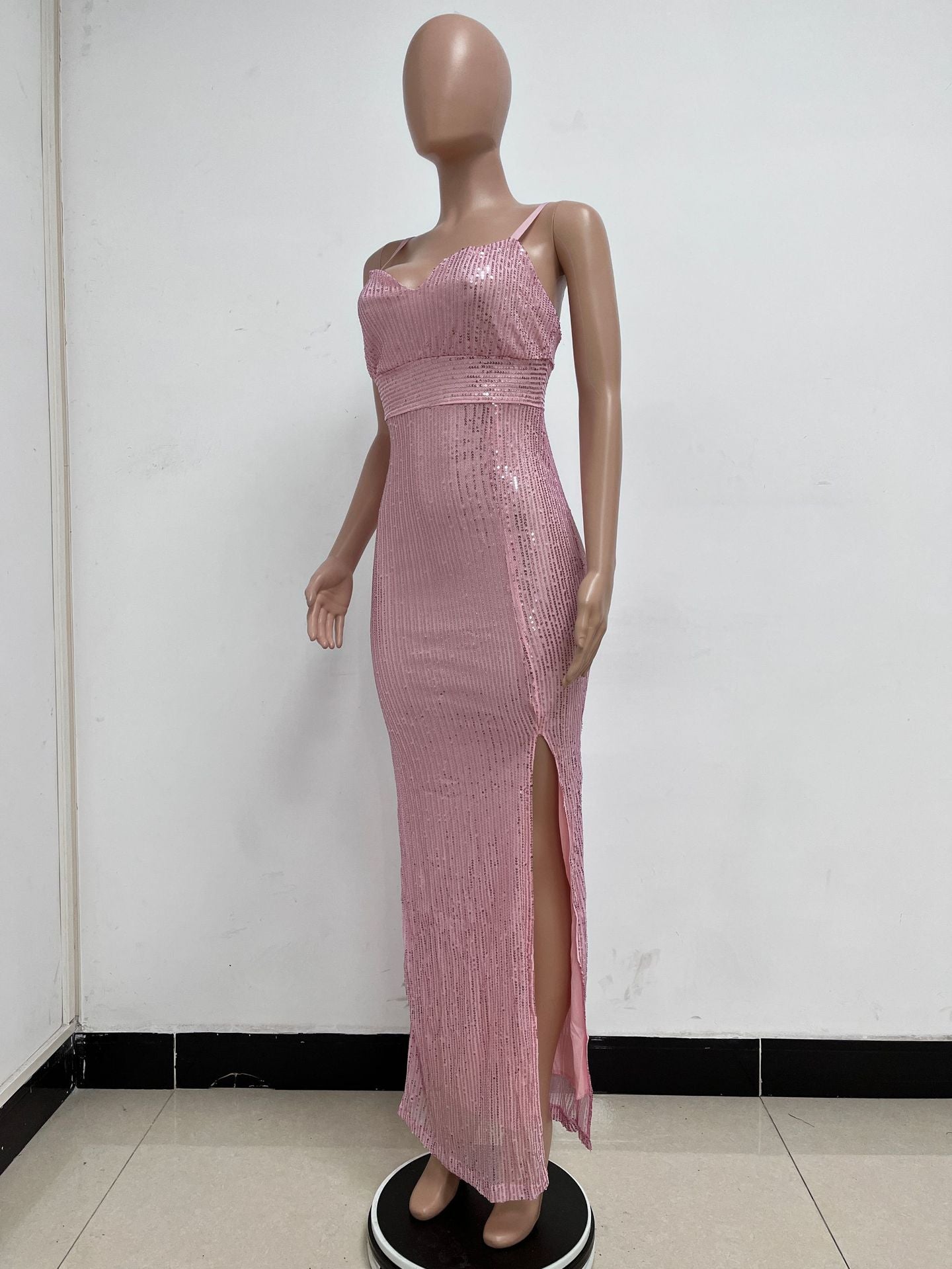 Women's Summer Slit Low Back Dress Sequined Sleeveless Suspender Dress 46