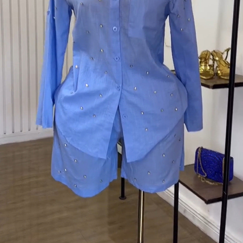 Women's summer fashion solid color turn-down collar beaded slim fit long sleeve shirt and shorts set 3