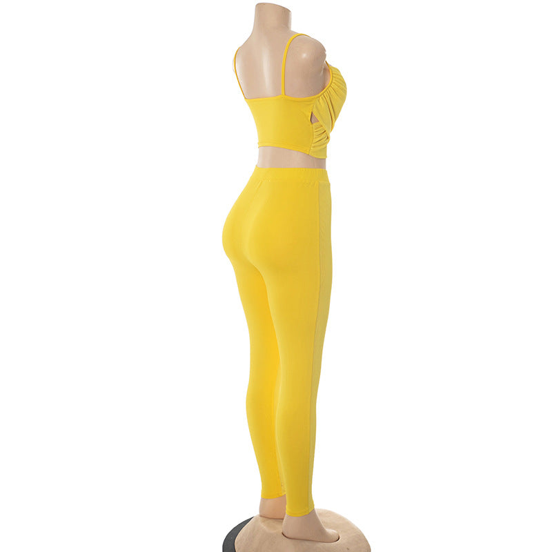 Women's Spring-Summer Hollow Pleated Crop Top Skinny Pants Set 10